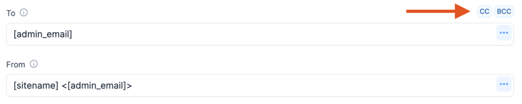 Formidable Forms email form fields showing CC/BCC options highlighted with arrow.