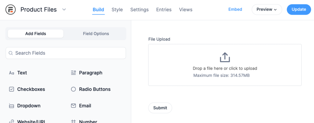 Product Files Form with File Upload Field