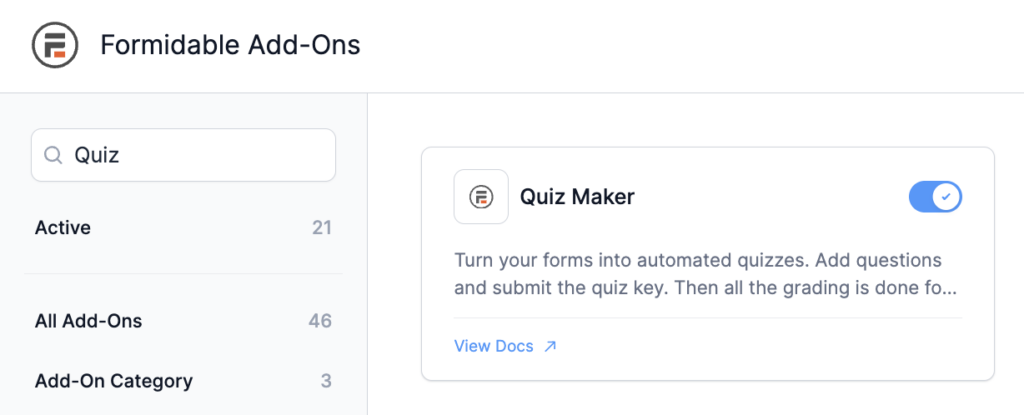 Formidable Add-Ons page with the Quiz Maker add-on featured and its toggle turned on