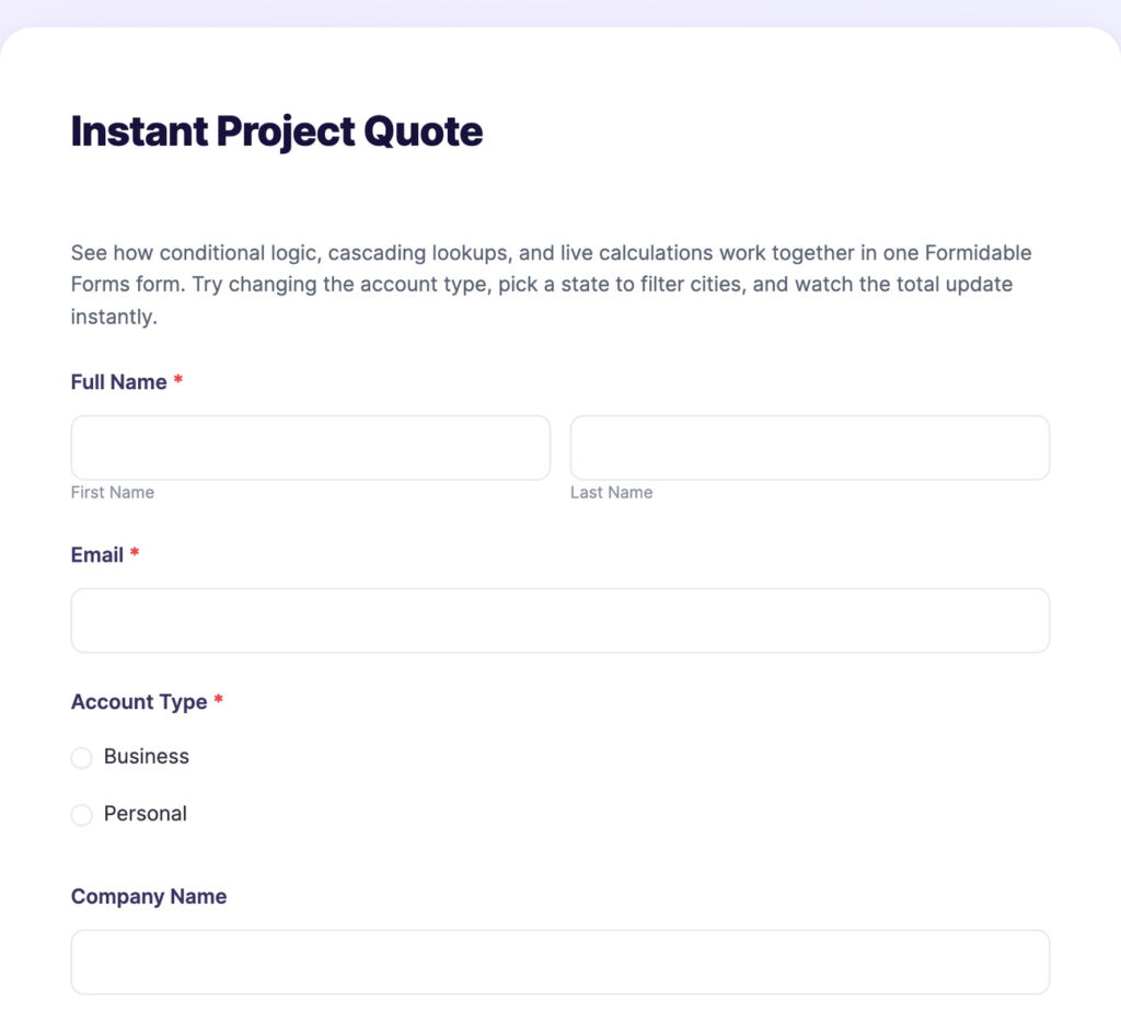 Instant Project Quote form with fields for name, email, account type, and company name.