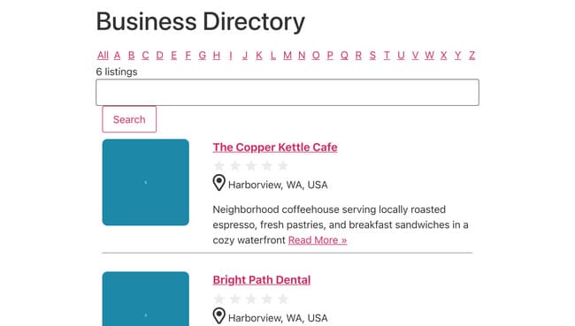 Front-end preview of the business directory listing page with search bar and category filters