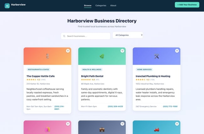 A fully restyled directory listing page with a branded nav bar, category-colored listing photos, and star ratings