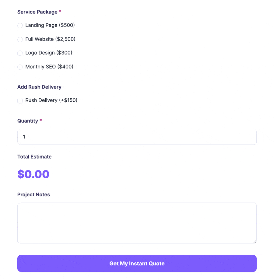 Live updating total estimate calculator showing service packages, rush delivery option, quantity selector, and real-time price calculation.