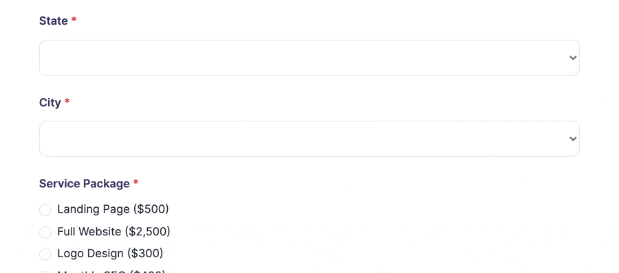 Form demonstrating cascading dropdown menus where city options update based on selected state.
