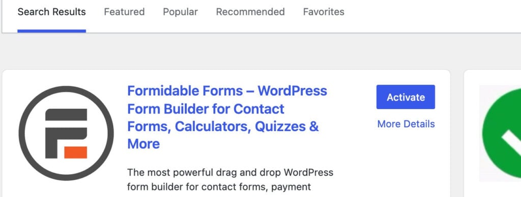 Add Plugins search results showing the Formidable Forms card
