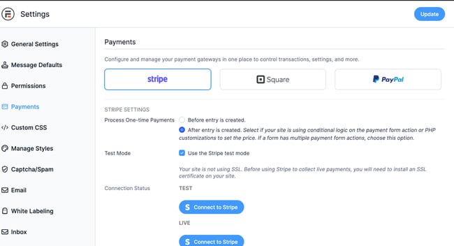 Formidable Global Settings with the Stripe tab open and the Connect to Stripe button visible