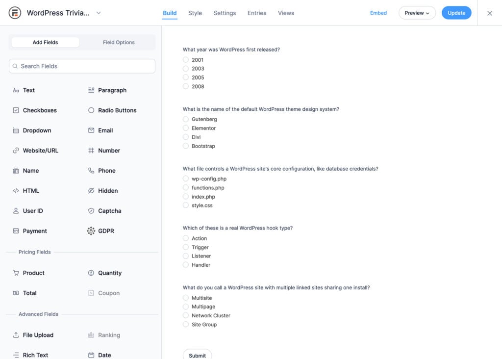 WordPress Trivia form builder Formidable Forms backend interface showing multiple choice questions and field options panel on the left side.