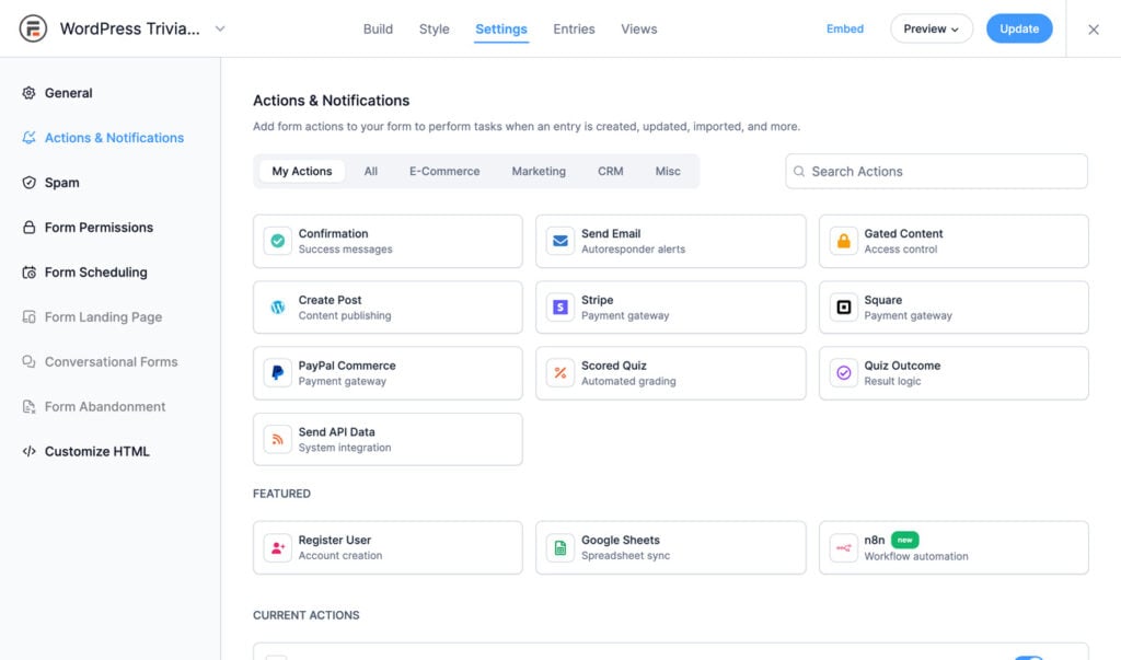 WordPress Trivia form Actions & Notifications settings panel showing available integrations like email, payment gateways, and automation tools.