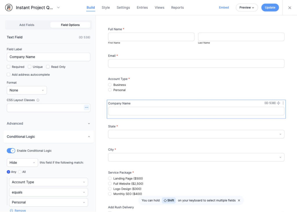 Formidable Forms form builder showing conditional logic setup to hide Company Name field when Account Type equals Personal.