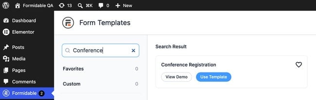 Formidable Forms template gallery showing the Conference Registration form template
