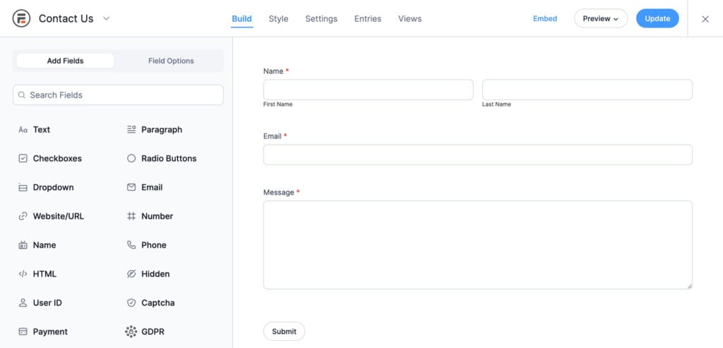 Formidable form builder showing the Name, Email, and Message fields