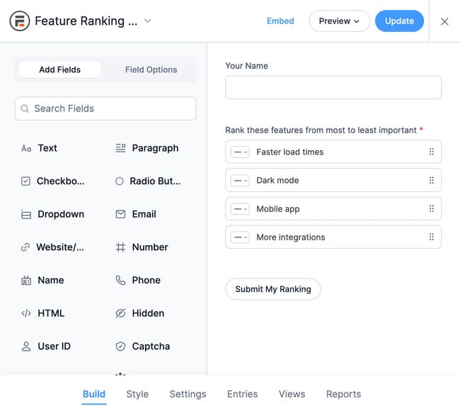 Form Builder with ranking field with updated options and label