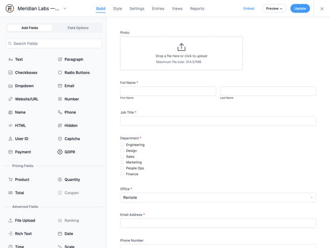 Meridian Labs form builder interface showing field options panel on left and photo upload form preview on right.