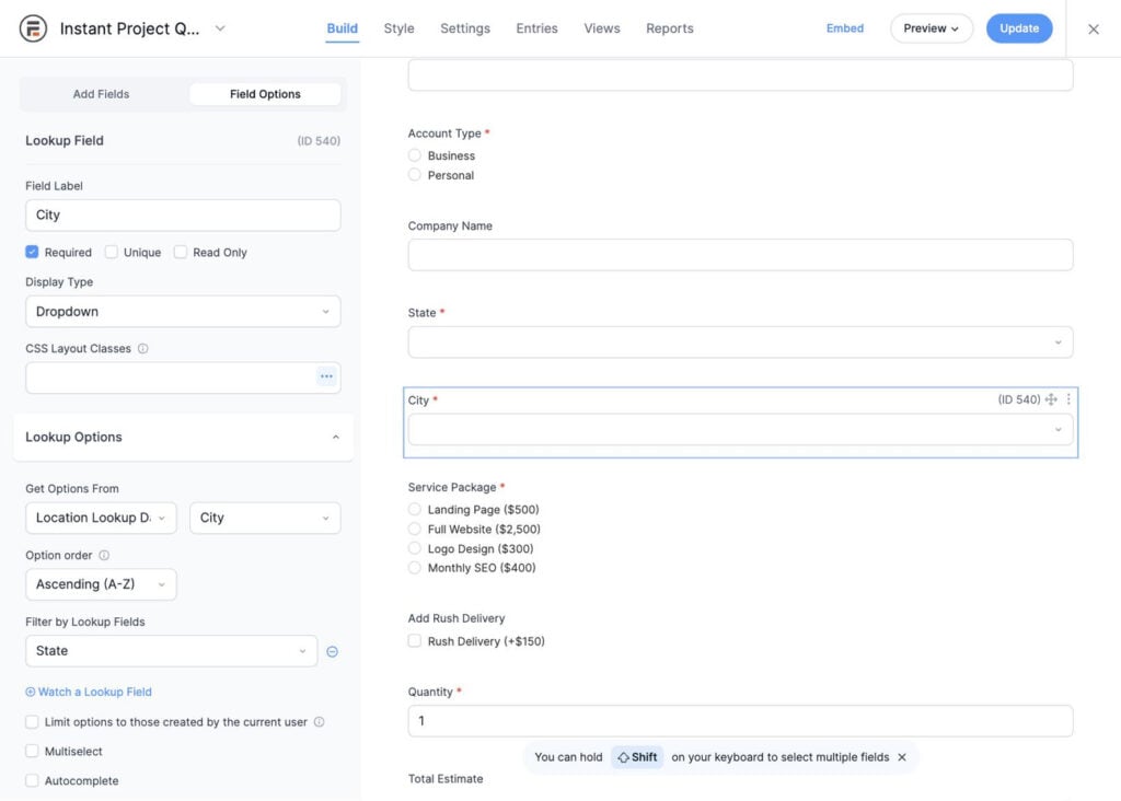 City lookup field configuration showing dropdown display type filtered by state in form builder interface.