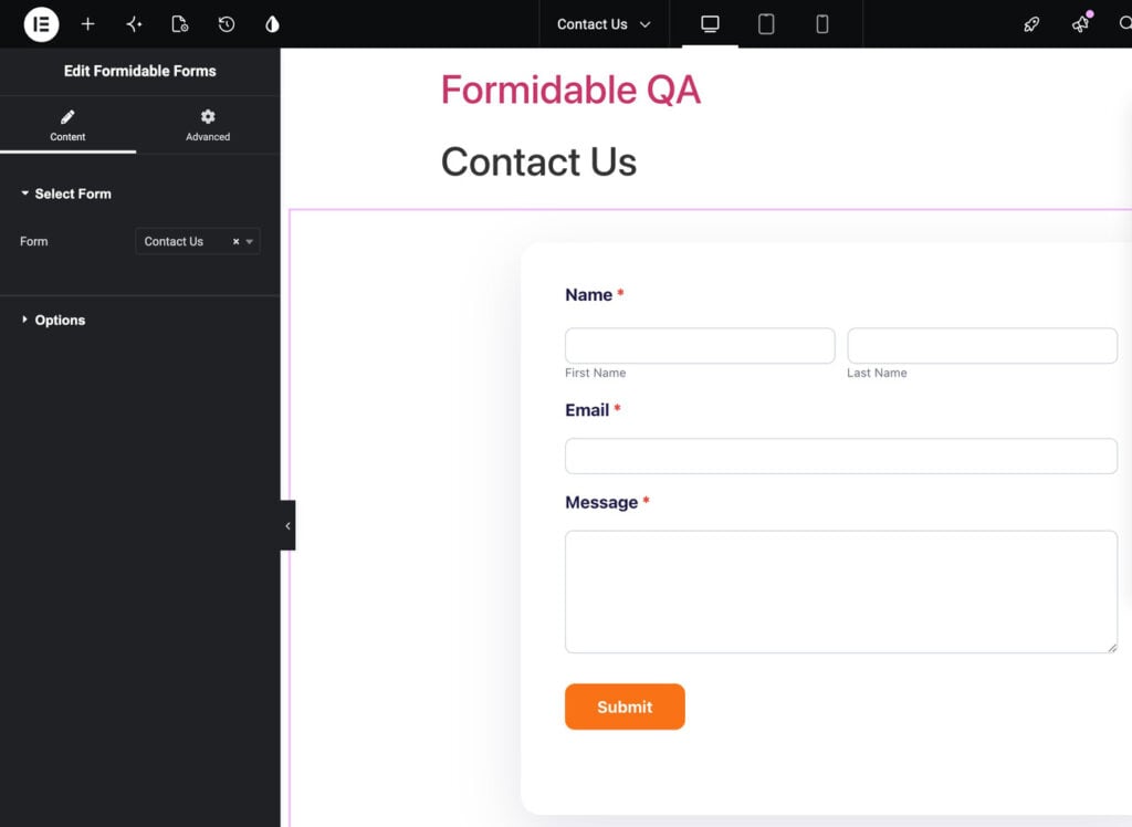 Elementor editor with the Formidable Forms widget selected, Contact Us form rendered live in the canvas