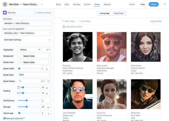 Grid View Builder interface showing team directory with member profiles, photos, names, job titles, and locations in a customizable layout.