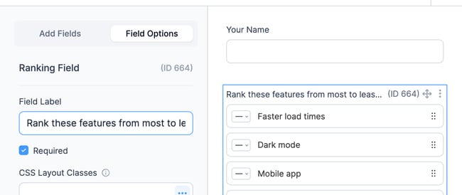 Formidable Forms Ranking Field Label Settings