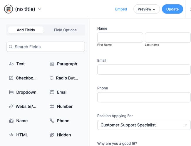 Formidable drag and drop builder with the job application fields laid out 
