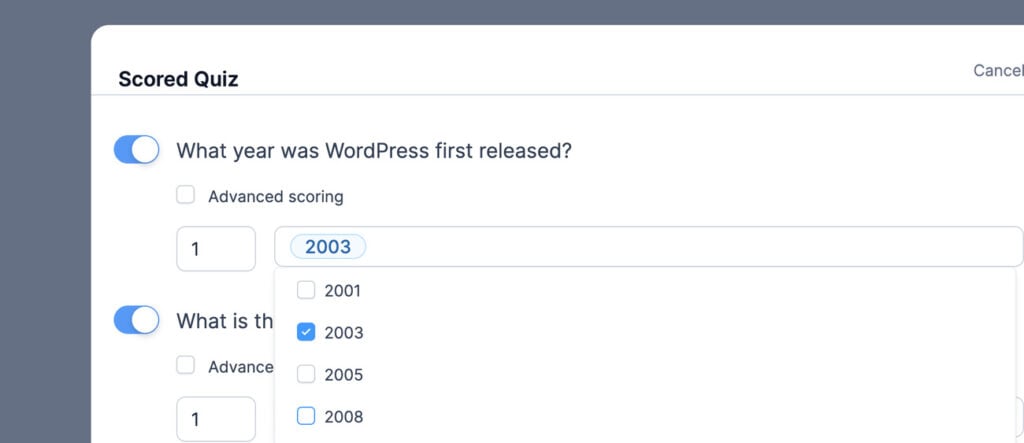 Quiz interface showing WordPress release year question with 2003 selected from dropdown menu options.