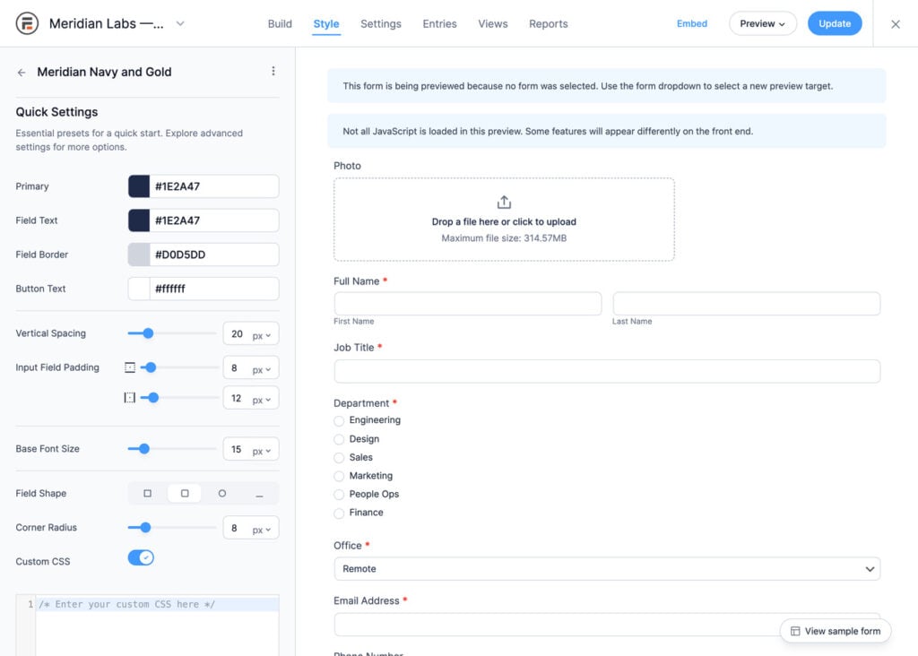 Form builder interface showing style color settings with navy and gold theme, including primary color #1E2A47 and field options.