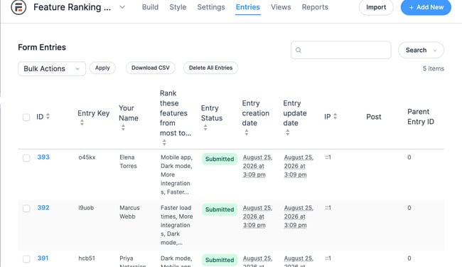 Formidable Forms ranking survey entries list