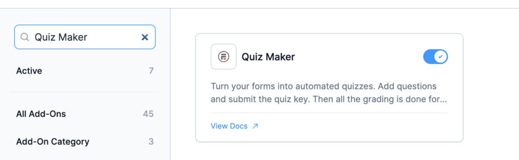 Formidable Forms Add-Ons page showing Quiz Maker active