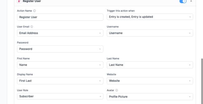 Register User form action with form fields mapped to WordPress user profile fields