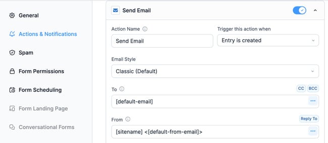 Actions and Notifications panel with the Email Notification action open 