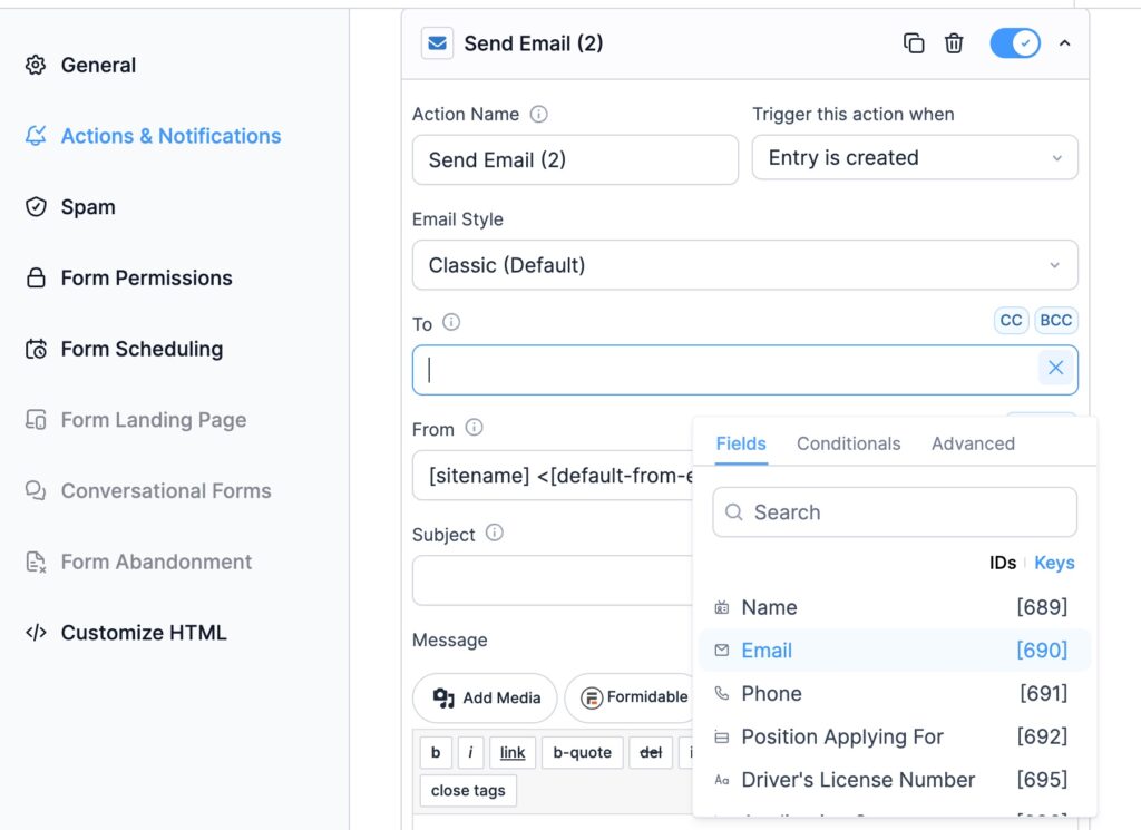 Second Email Action Field
