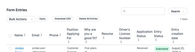 Backend Formidable Forms Entries List