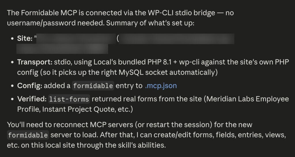 Formidable MCP server configuration summary showing site connection, stdio transport setup, and verified form retrieval details.