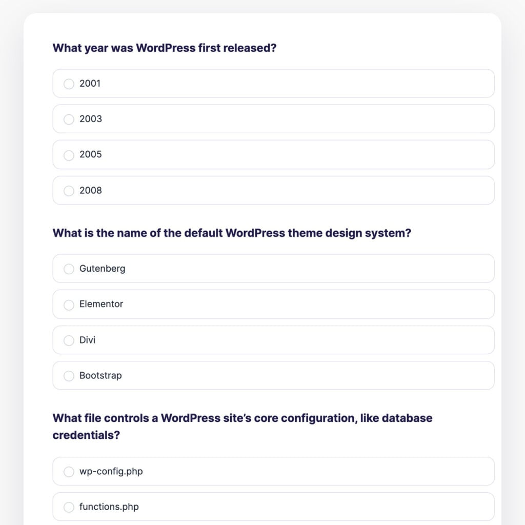 WordPress Formidable Forms Trivia Quiz displayed on a page