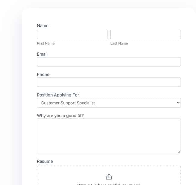 Published job application form on the front end with the resume upload field