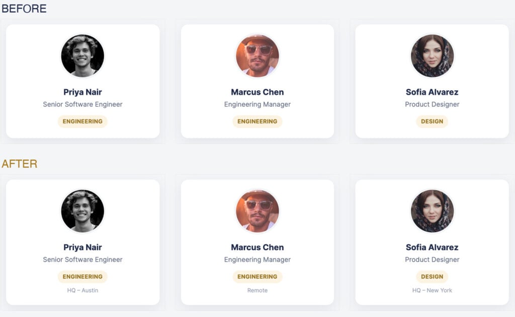 Team member profile cards comparison showing added location information: Austin, Remote, and New York.
