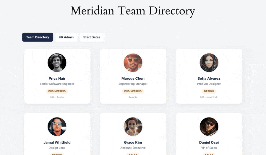 Formidable Forms Meridian Team Directory displaying employee profiles with names, titles, departments, and locations across multiple tabs.