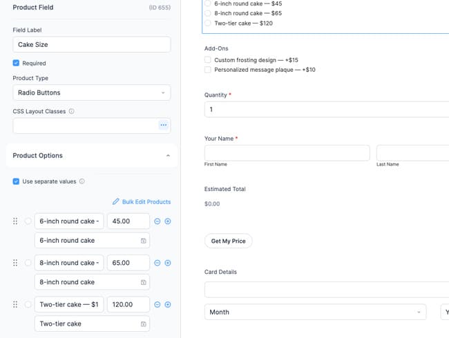 Product field options panel showing dropdown choices with names and prices filled in