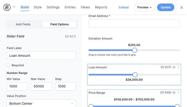 Range Slider Field Options: Range, Step, Currency