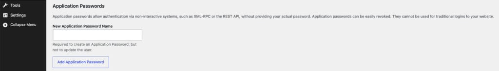 WordPress Application Passwords settings page showing option to add new application password for non-interactive authentication.