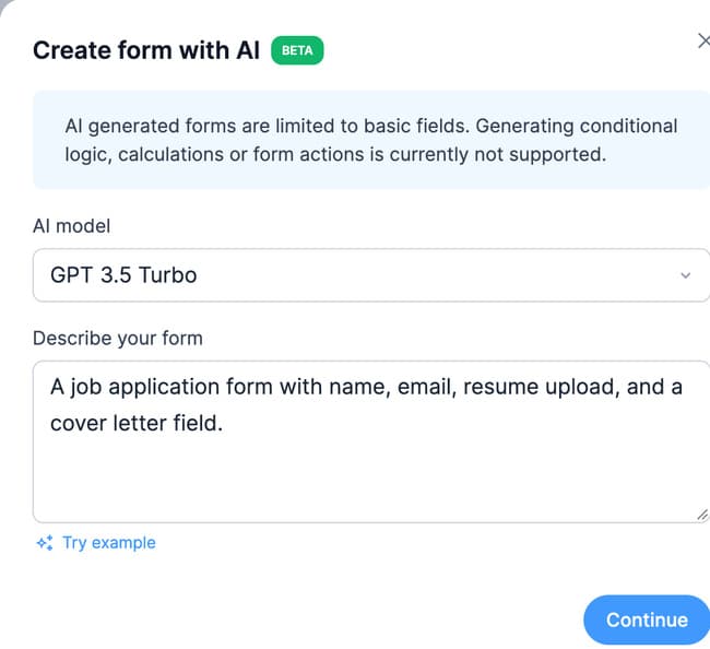 AI form builder prompt box with a form description entered