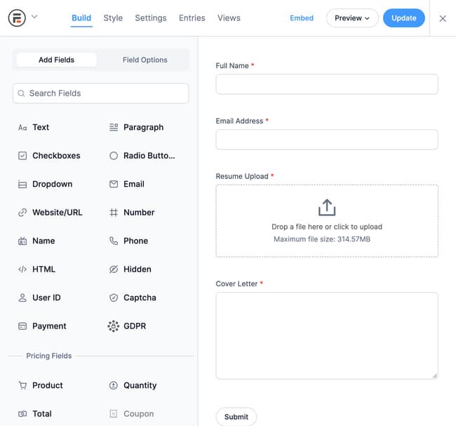 AI-generated form open in the Formidable form builder, ready to edit