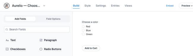 Formidable drag and drop builder with a Radio Buttons field added to a blank form