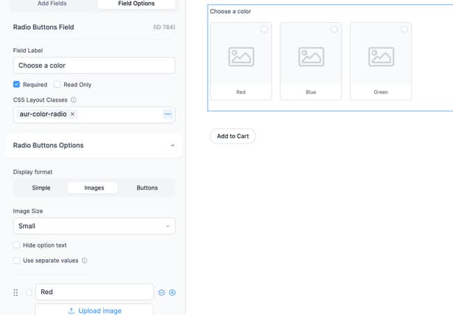 Field Options panel with Display format switched from Simple to Images, showing empty Upload image slots for each option