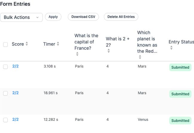 Entries table showing Score and Timer columns side by side for completed entries