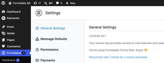 Formidable's General Settings screen showing an active license under LICENSE KEY]