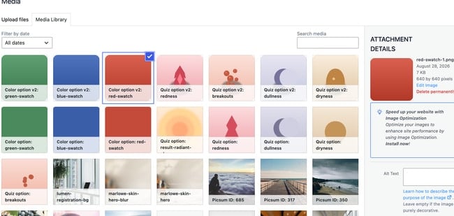 WordPress media library open, selecting an image for the Red option