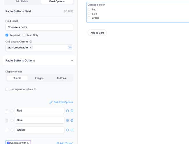 Radio Buttons field options panel with Red, Blue, and Green entered