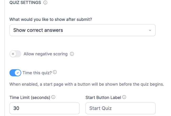 Scored Quiz action's Quiz Settings panel, Timer toggle on, Time Limit (seconds) and Start Button Label fields visible