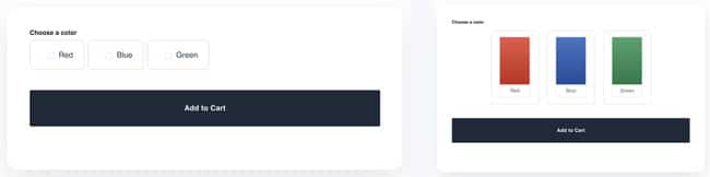 Before/after side by side, plain text radio buttons on the left, the same field as clickable image choices on the right