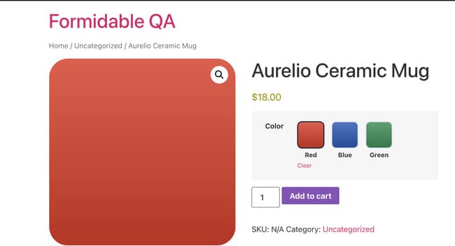 WooCommerce product page with color variations shown as image swatches instead of a dropdown