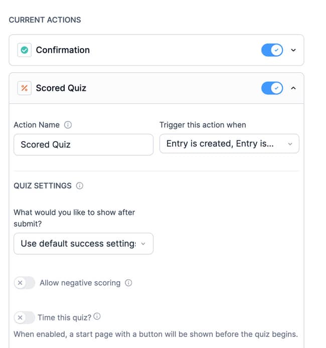 Quiz Outcome settings showing a personalized result tied to quiz answers